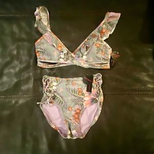 NEW Bikini Swimsuit High Waist Gray Purple Flowers